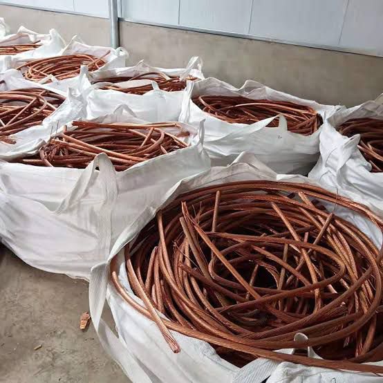 Clean copper cables stored in large recycling bags